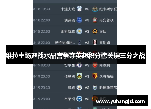 维拉主场迎战水晶宫争夺英超积分榜关键三分之战