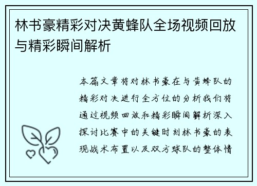 林书豪精彩对决黄蜂队全场视频回放与精彩瞬间解析