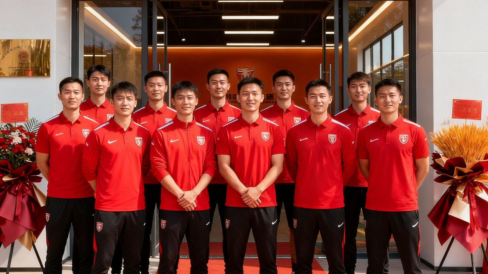 牛八体育成都训练基地开业仪式，教练团队穿着统一红色训练服在基地入口合影，背景是新装修的训练场馆