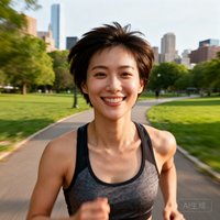 一位短发女性跑者微笑着面对镜头，穿着运动背心，背景是城市公园的绿道