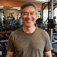 一位中年男性面带自信微笑，穿着休闲T恤，背景是健身房的力量训练区